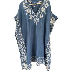 Johnny Was 3J Workshop Blue White Cream Embroidered Cotton Tunic Dress Medium